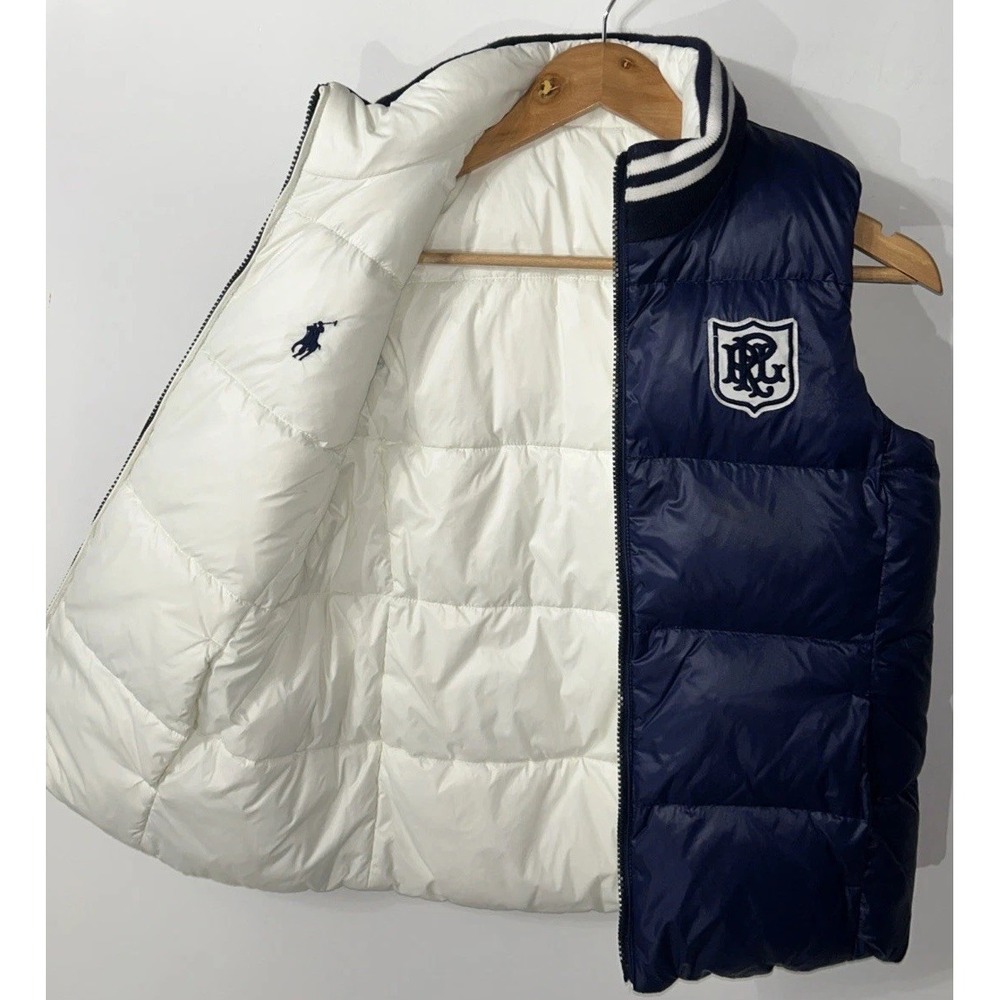 Boys Polo Ralph Lauren Down Vest Puffer Navy Blue/ White REVERSIBLE Large 12/14